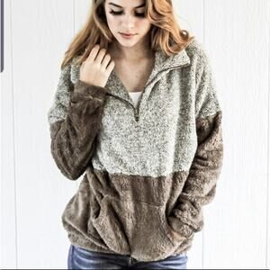 Blue B quarter zip kangaroo pocket pullover teddy 2 tone brown small